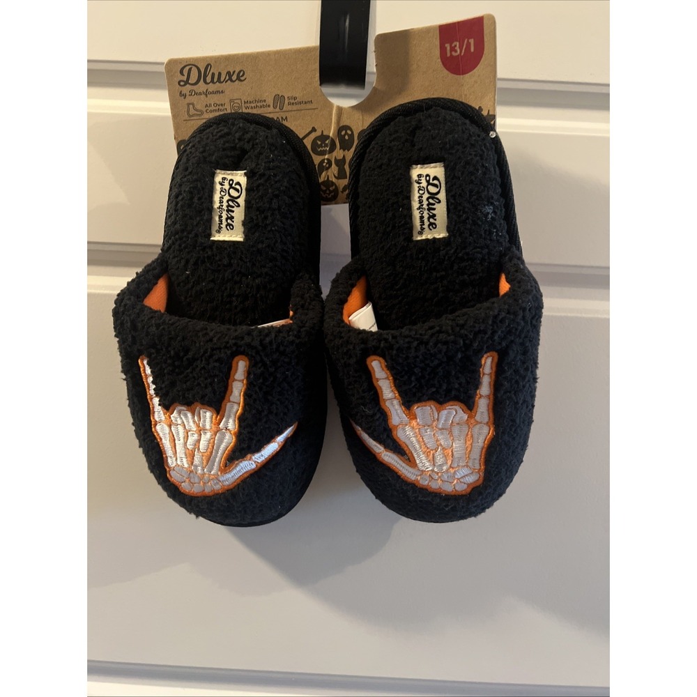 Dearfoams Dluxe Kids Skeleton Rocker Slippers Size 13-1 Black